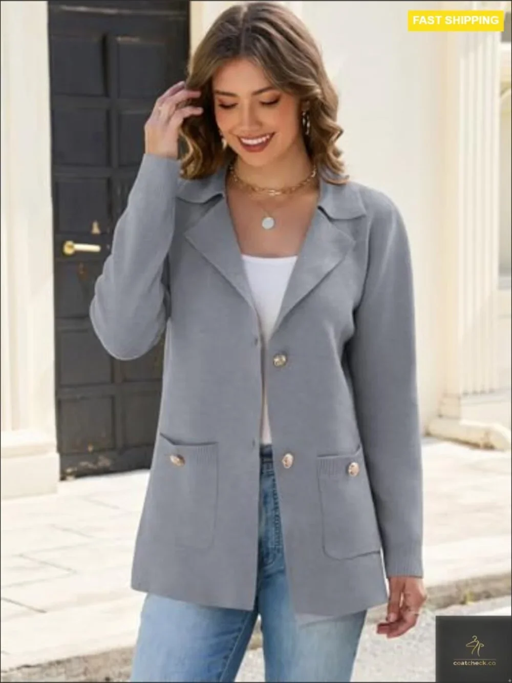 Sweater Blazer Casual Business Jacket Long Sleeve Cardigan Button Front Lapel